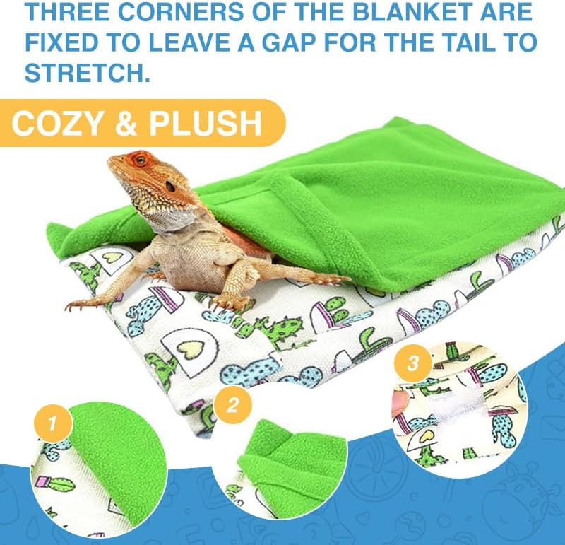hokable Bearded Dragon Hammock Sleeping Bag Set- Hanging Pet Bed with Pillow and Blanket Hideout Habitat with Soft Warm for Bearded Dragon Lizard Leopard Gecko and Small Pet Animal（Beige + green Quilt） - Image 3